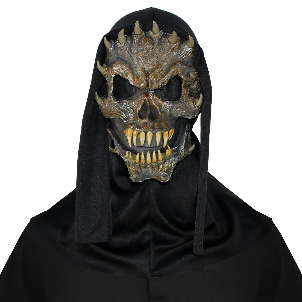 Halloween Gruselmaske mit Gruselhörnern, Totenkopf-Vollmaske, Cosplay-Kostüm, Horror-Latexmaske – Detail 2