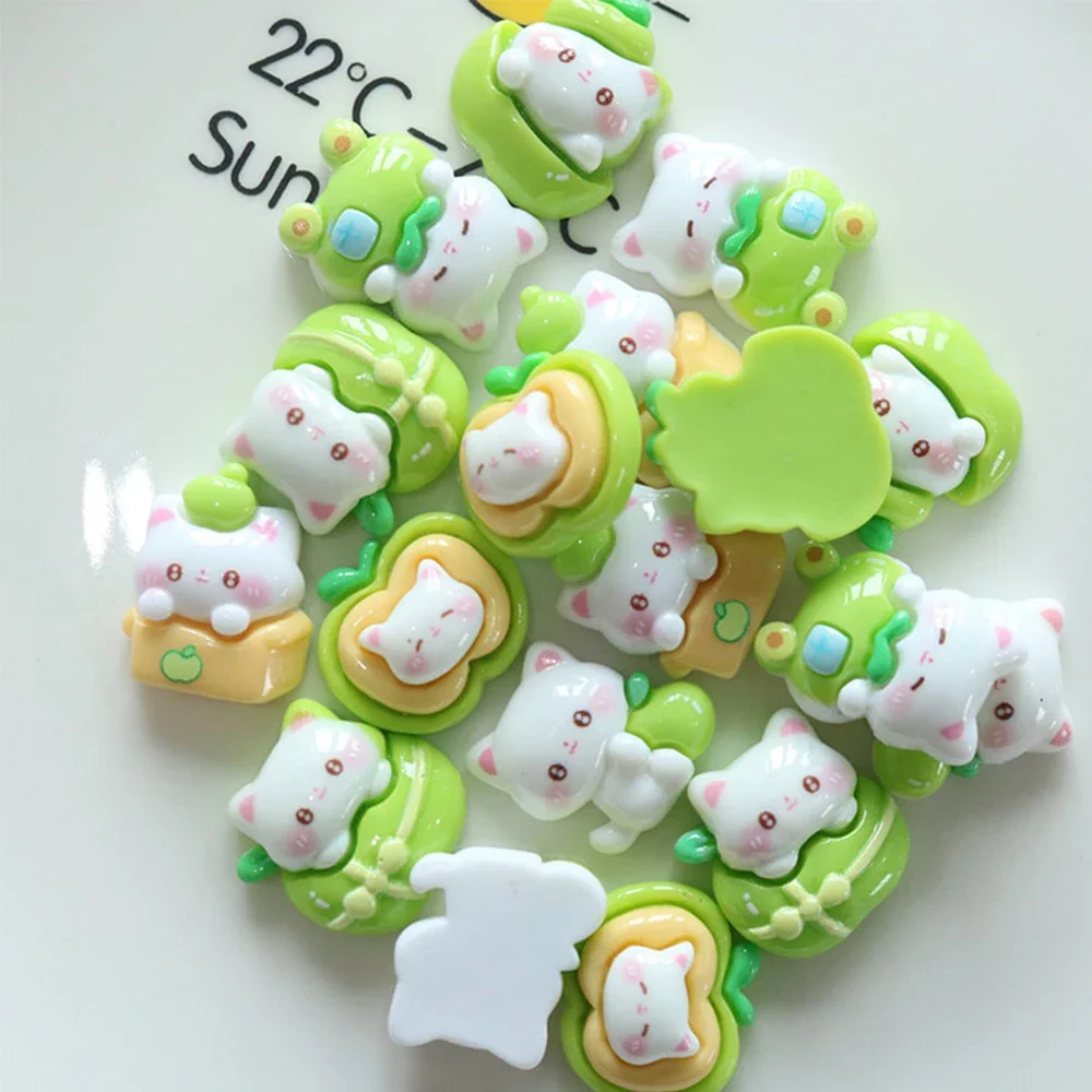 10 STKS Glanzende Groene Apple Cat Serie Hars Platte Achterkant Cabochons Voor Scrapbooking DIY Sieraden Ambachtelijke Versieringen Accessoires