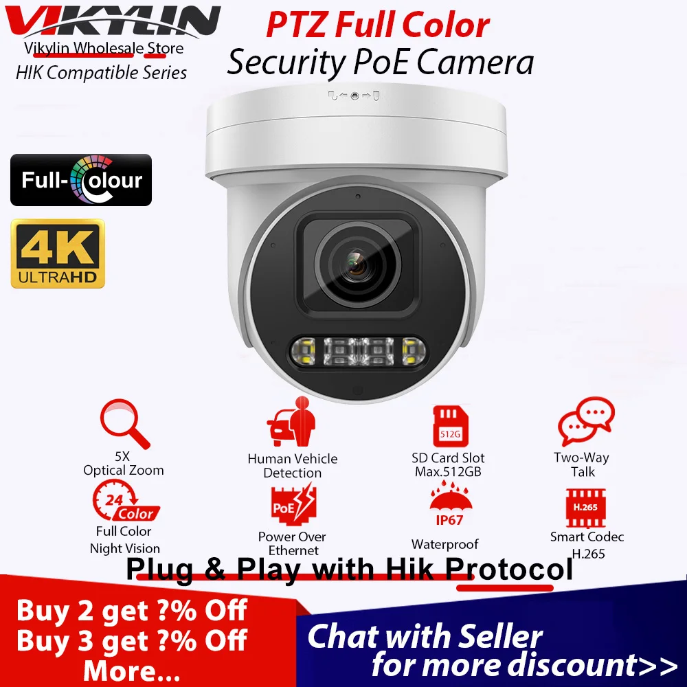 Vikylin-Hikvision、Poeオーディオ、人間の車両検出、ptzカメラ、ir、5xズーム、フルカラー、互換性、8mp、4k