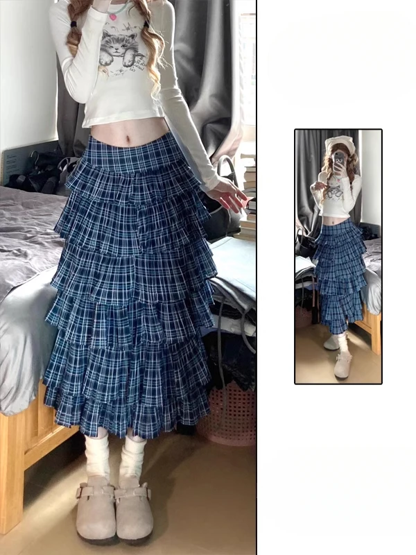 

New Blue Plaid Cake Skirt Women Autumn Vintage Patchwork Elastic Waist Maxi Long Ruffled Skirt Korean School Tutu Gown A685