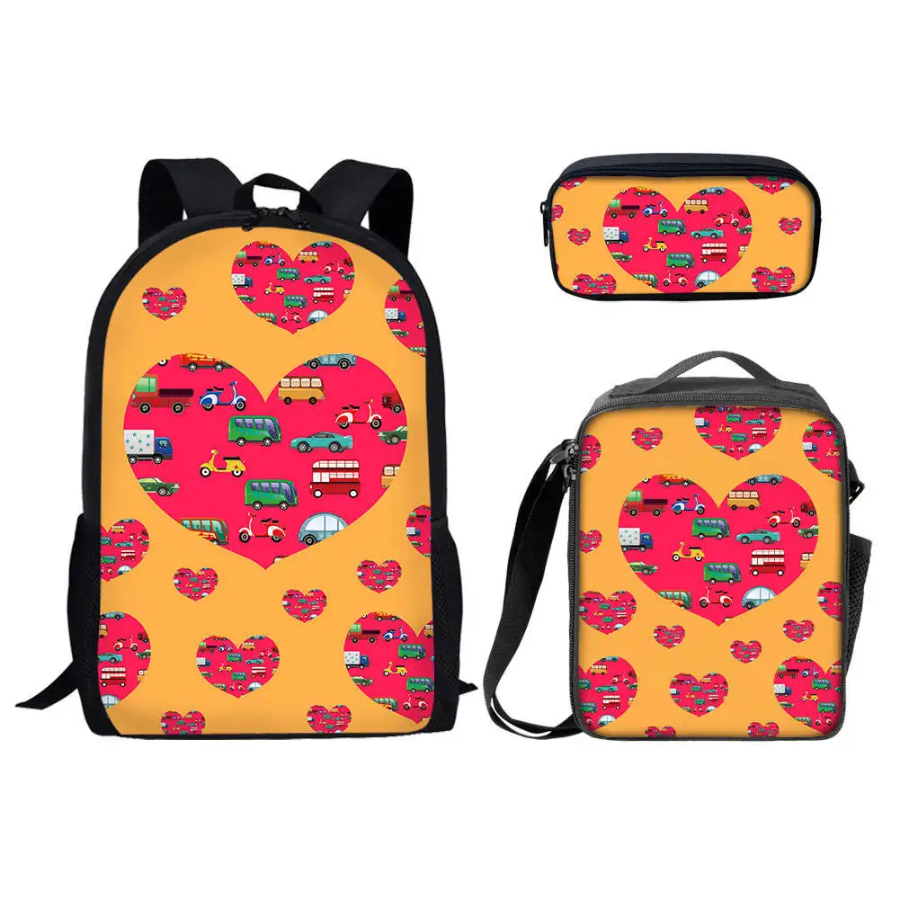 Carros de desenhos animados Mochila Padrão para Crianças, Mochilas escolares Conjuntos para Meninos, Mochila Casual, Presentes de Volta às Aulas, Saco de livro, 3Pcs