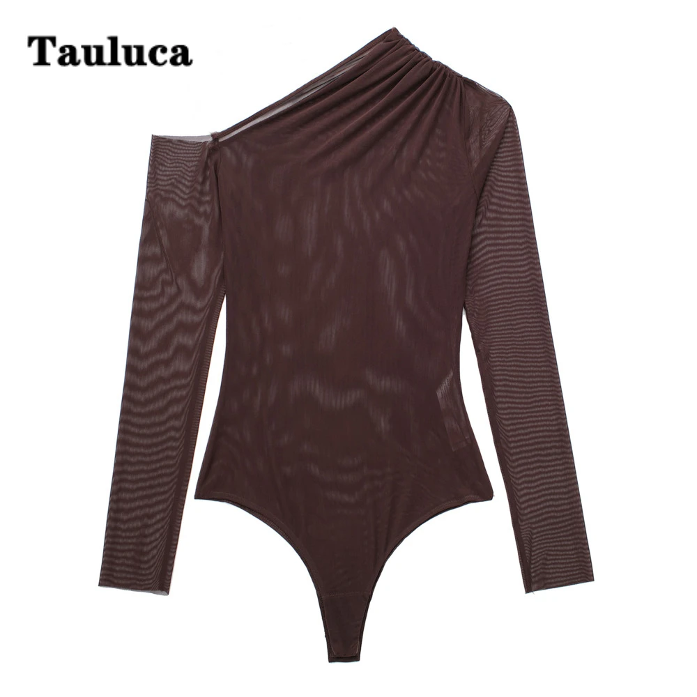 

2023 New Style Women's Fashion Sexy Bodysuit Long Sleeves Off Shoulder Silk Mesh Asymmetrical Female Buckle Jumpsuits Streetwear