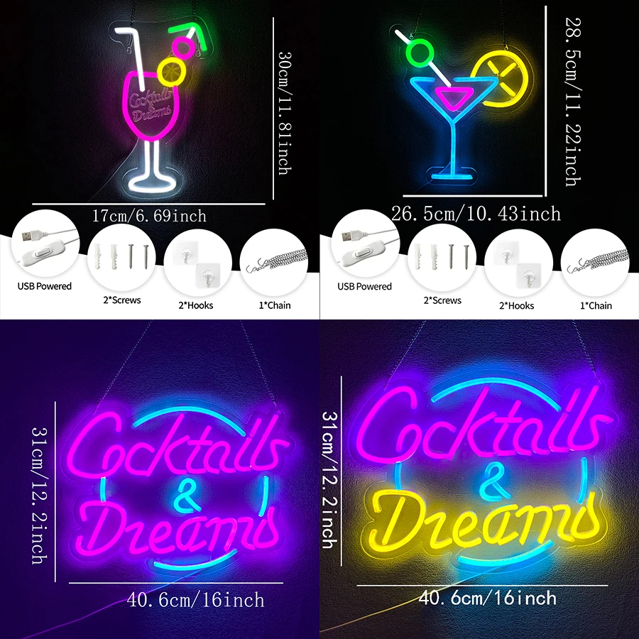 Insegna al neon per cocktail e sogni per decorazioni murali, insegne luminose al neon a LED per camera da letto, casa, birra, bar, bistrot, decorazioni artistiche, alimentate tramite USB