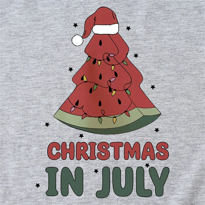 New summer fashion women's cotton christmas in july melon letter printed short vintage round neck T-shirt