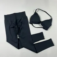 2-Piece Set Women's Seamless Clean (No Logo) Yoga Set, Halter Neck Sports Bra & High-Waisted Lifting Leggings for Gym Workouts 2