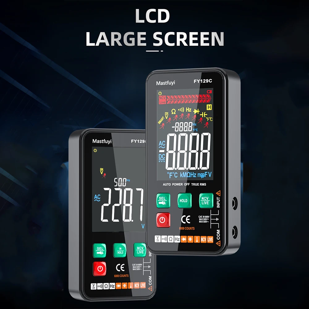 FY129C Цифровой мультиметр с большим ЖК-дисплеем, интеллектуальная автоматическая идентификация, измеритель напряжения переменного и постоянного тока с ручным переключением