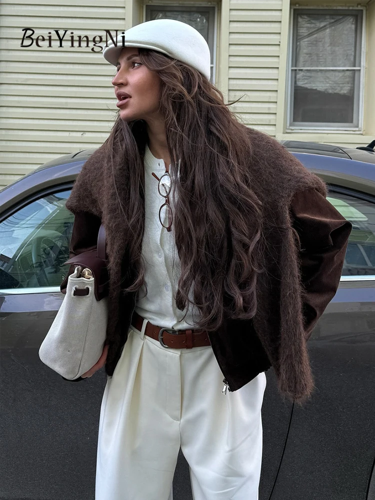 Beiyingni معاطف الخريف والشتاء للنساء خمر القهوة عادية BF أنثى سروال قصير سترة الشارع الشهير موضة الدافئة سستة أبلى