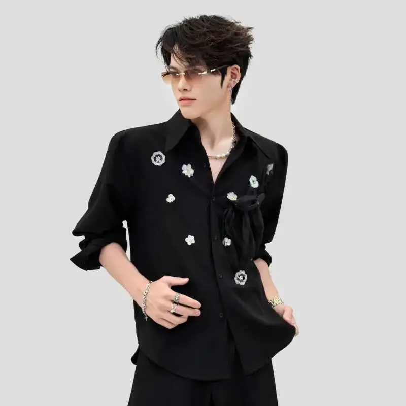 WVGA Spring New Men Niche Design Long Sleeve Shirt Three-Dimensional Floral Embellishments Loose Casual Korean Style Tops W24721