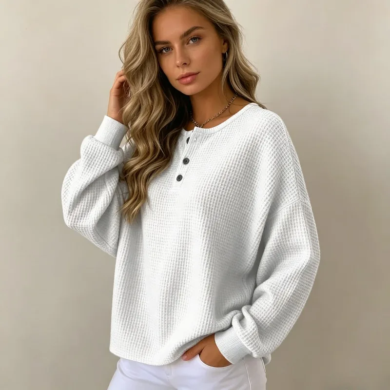 Waffle Round Neck Solid Color Casual Long Sleeved T-shirts Spring and Autumn Elegant Versatile Loose Fit Women's Pullover Top
