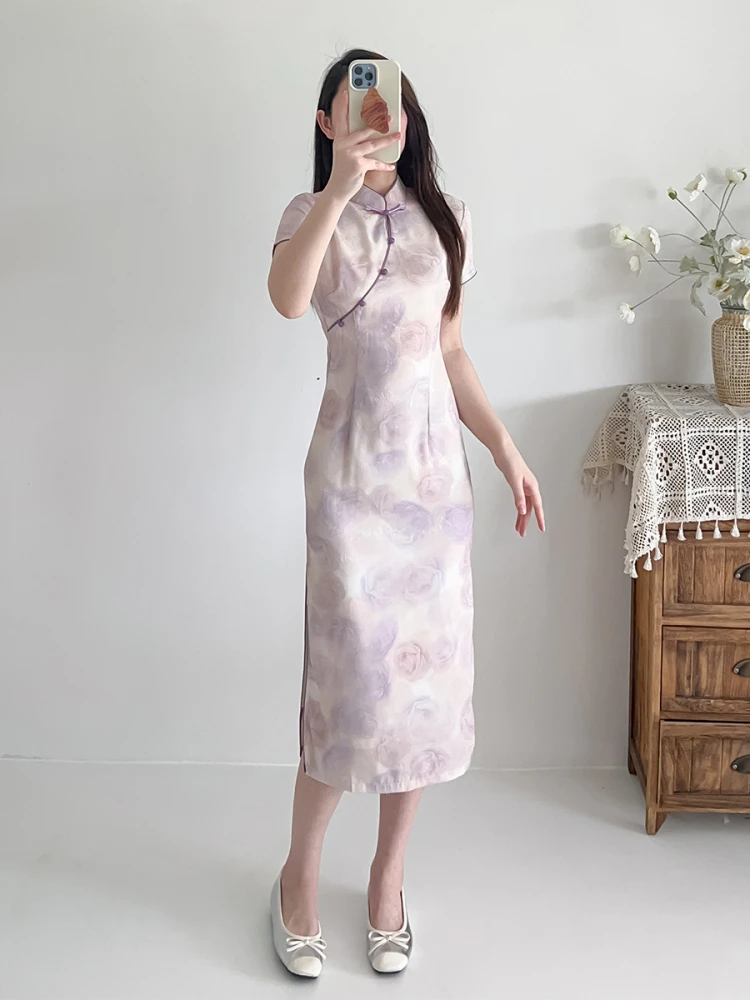 

Ele Purple New Chinese Sle ort Sve Low Slit Daily Wear Retro Work Appropriate Medium Length Qipao