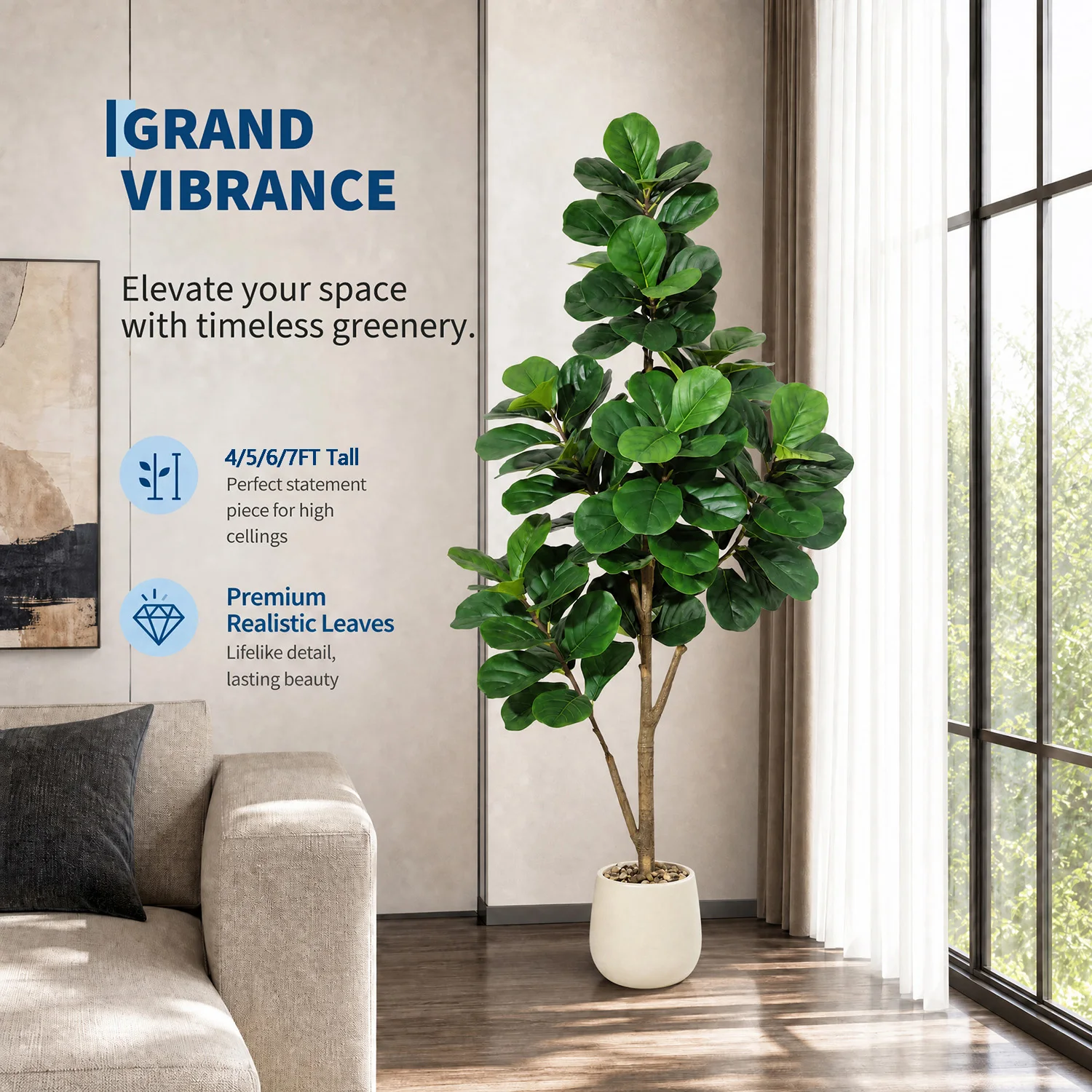 Albero di fico artificiale – Ficus Lyrata realistico, con foglie in PE/PVC e vaso decorato con ciottoli bianchi – pianta da interno alta, facile da mantenere, ideale per soggiorno, ufficio o come