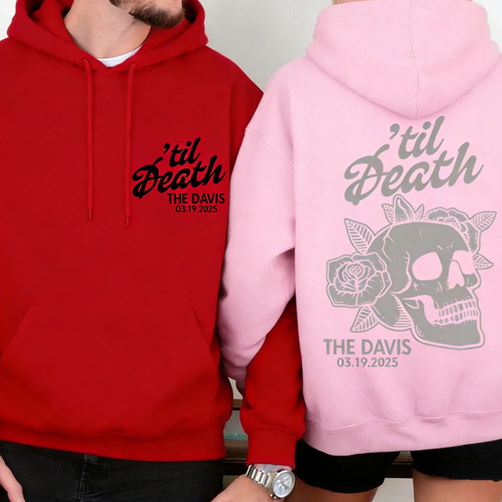 เสื้อฮู้ดคู่รักลายโครงกระดูกแบบกำหนดเองได้ พร้อมชื่อและวันที่ส่วนตัว ของขวัญวันครบรอบที่ดีที่สุดสำหรับคู่รัก