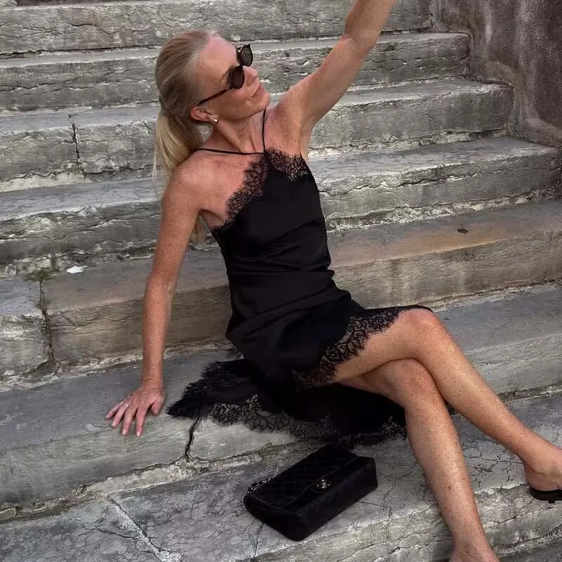 YENKYE Romantic Lace Trim Satin Sling Sexy Dress For Women Summer Night Out  Party Backless Dress Female  Asymmetric Vestidos