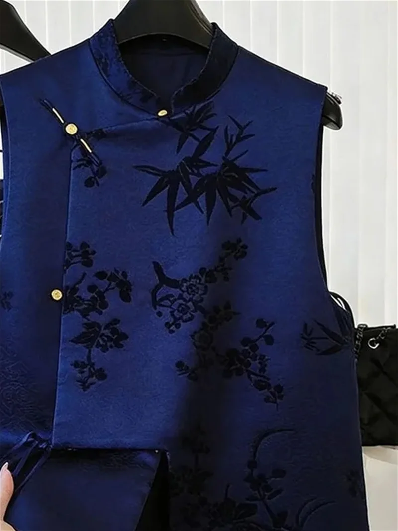 Women's Vest New Fashion Blue Plant Flower Vest Female Coat Joker Loose Cardigan Printed Sleeveless Single-breasted Vest Outside