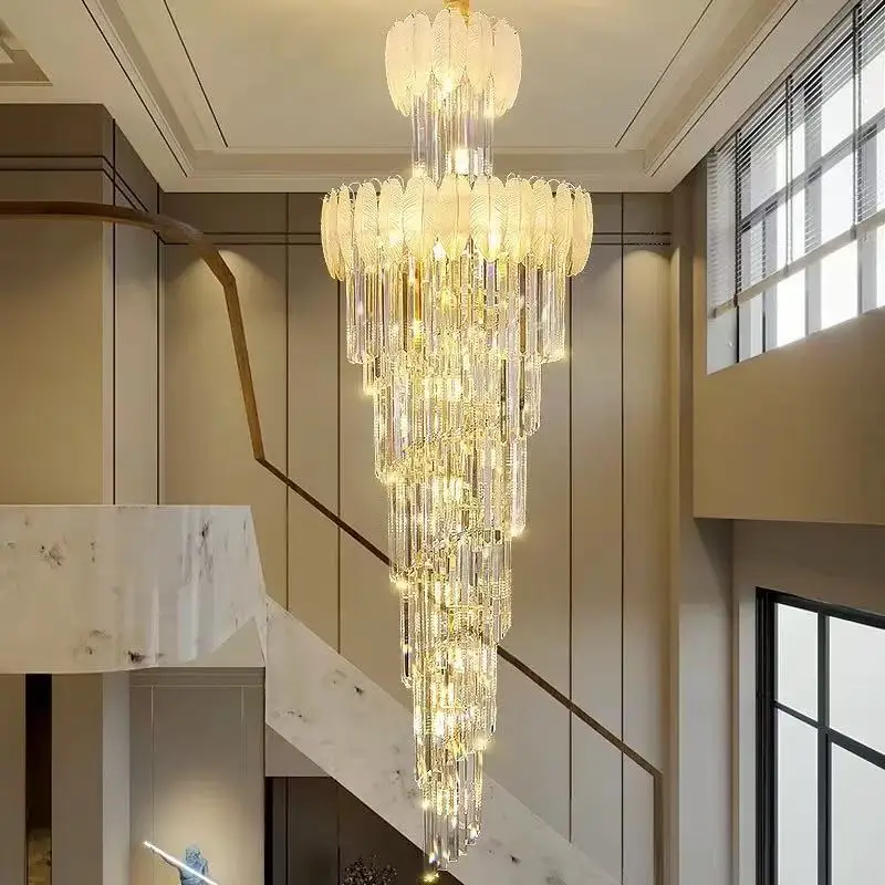 Creative White Feather Staircase Rotating Long Chandelier Modern Villa Luxury High Ceiling Living Room Clean Crystal Large Lamp