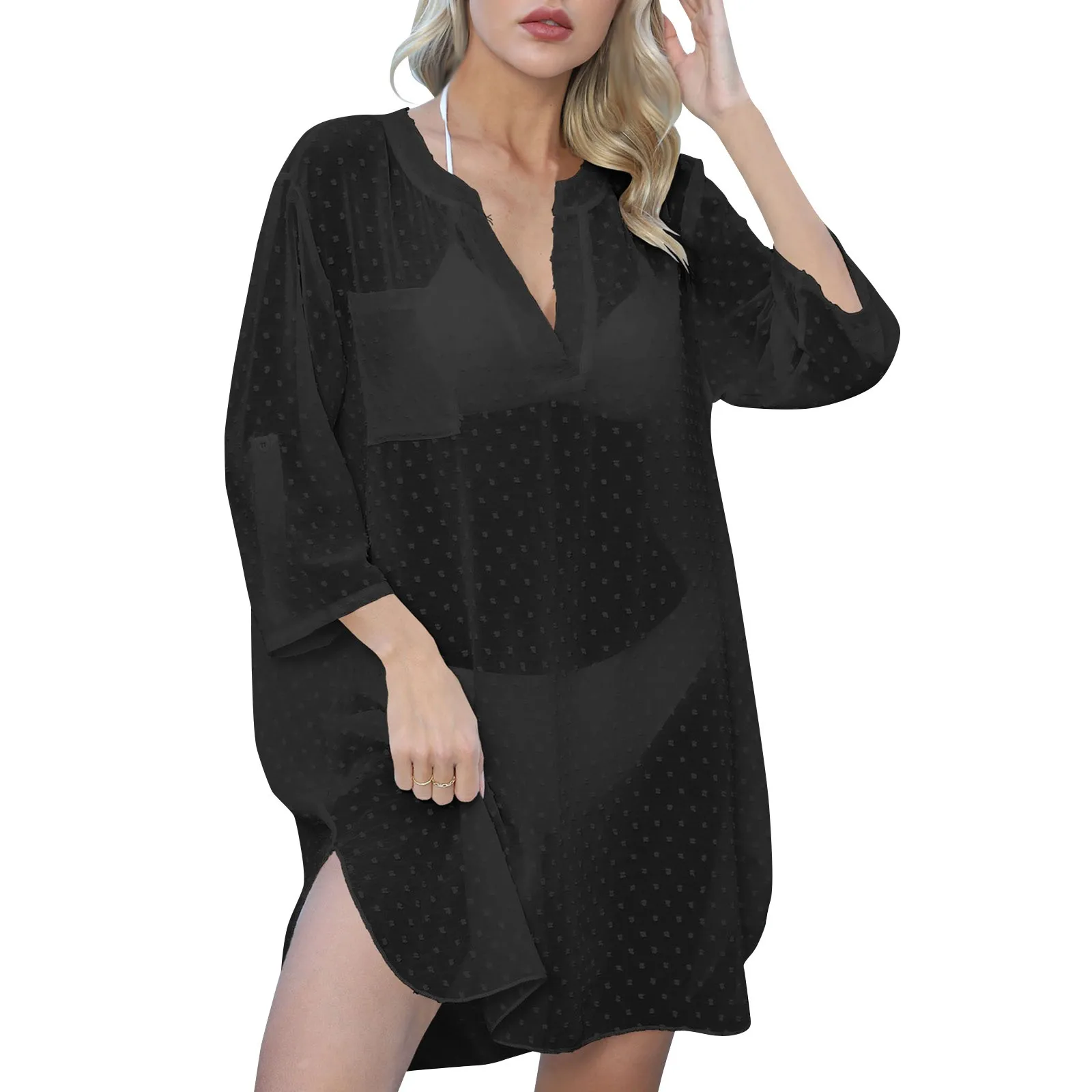 Women'S Beach Cover-Ups Fashion Solid Color Chiffon Deep V Stand-Up Collar Shirt Dress Sexy Loose Solid Color All-Match Dress