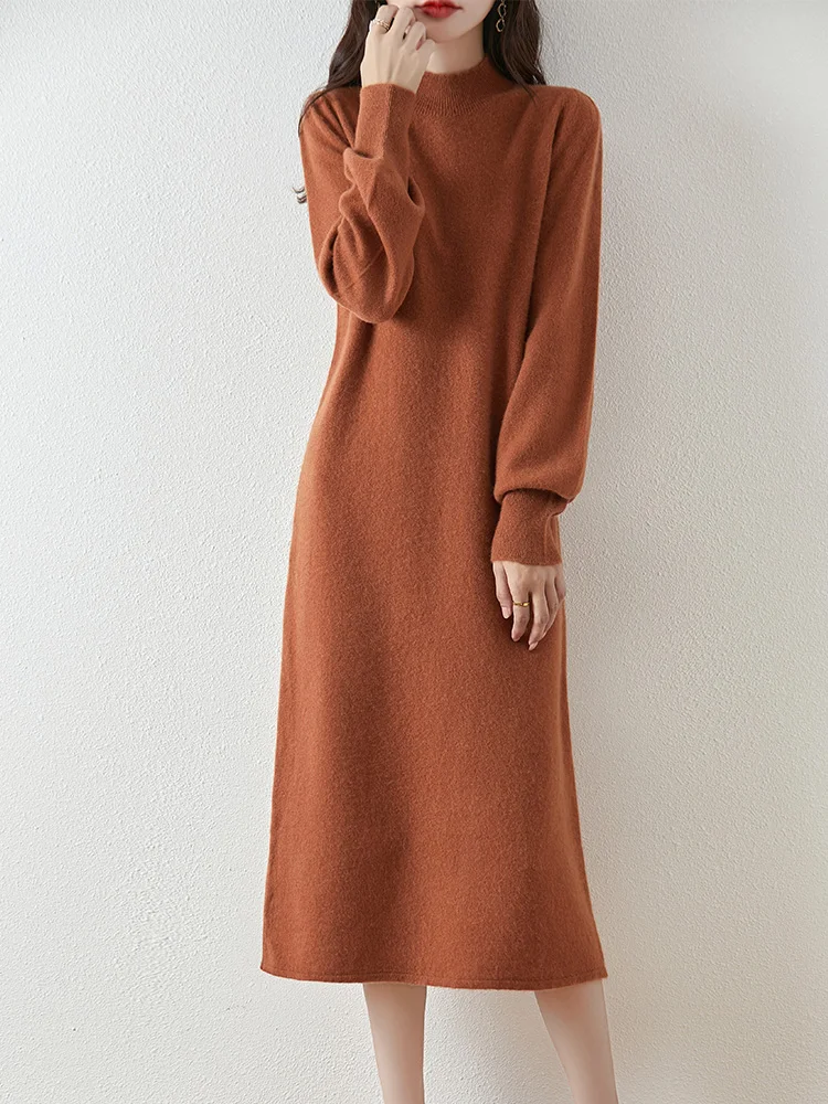 

Женское шерстяное платье-свитер с воротником-стойкой и рукавами-фонариками, 100% мериносовая шерсть, трикотаж, однотонная прямая юбка из кашемира, осень-зима