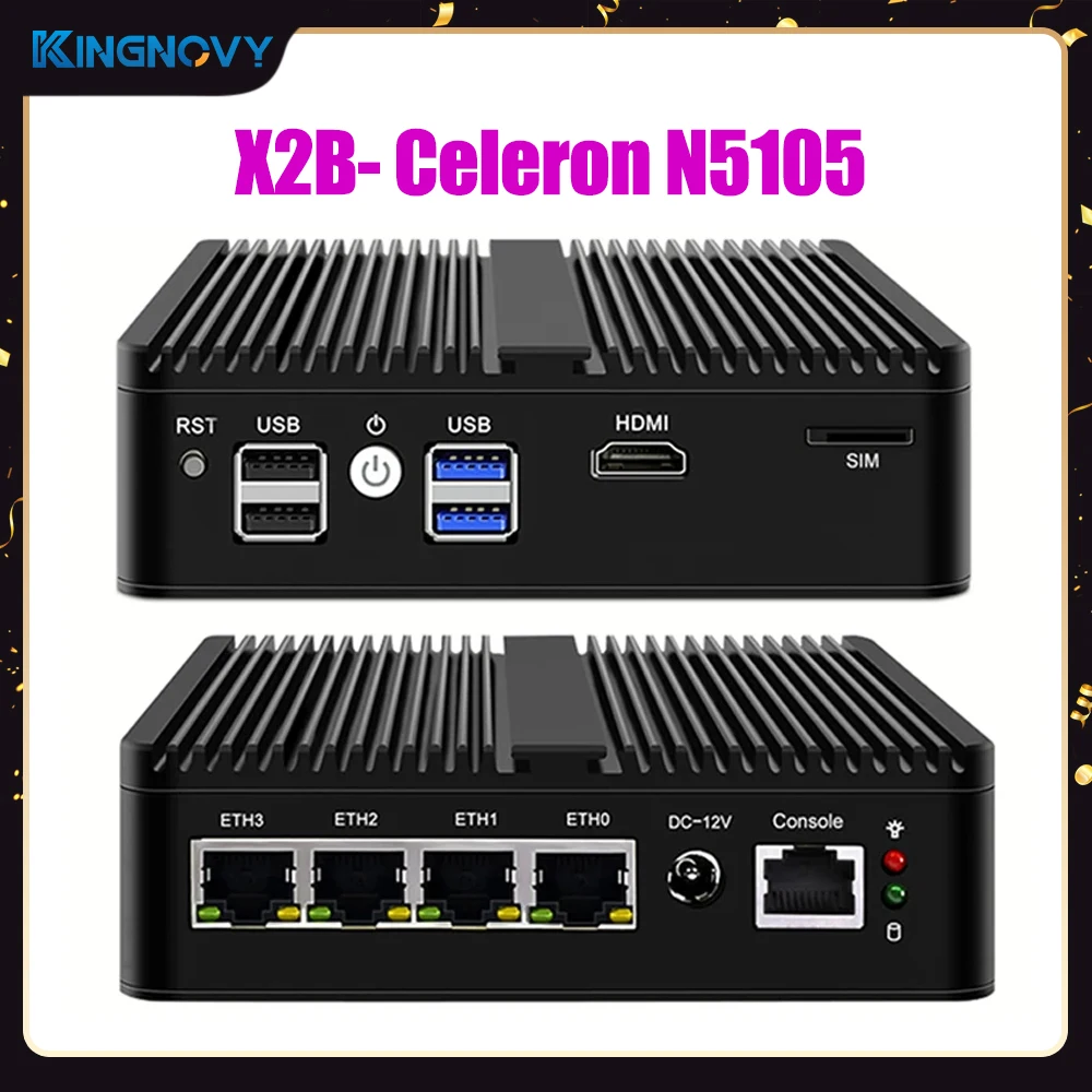 Fanless Mini Soft Router Celeron N5105 Quad Core 4*Intel I225 2.5GbE Nics 2*DDR4 NVMe Firewall Appliance pfSense Mini PC AES-NI