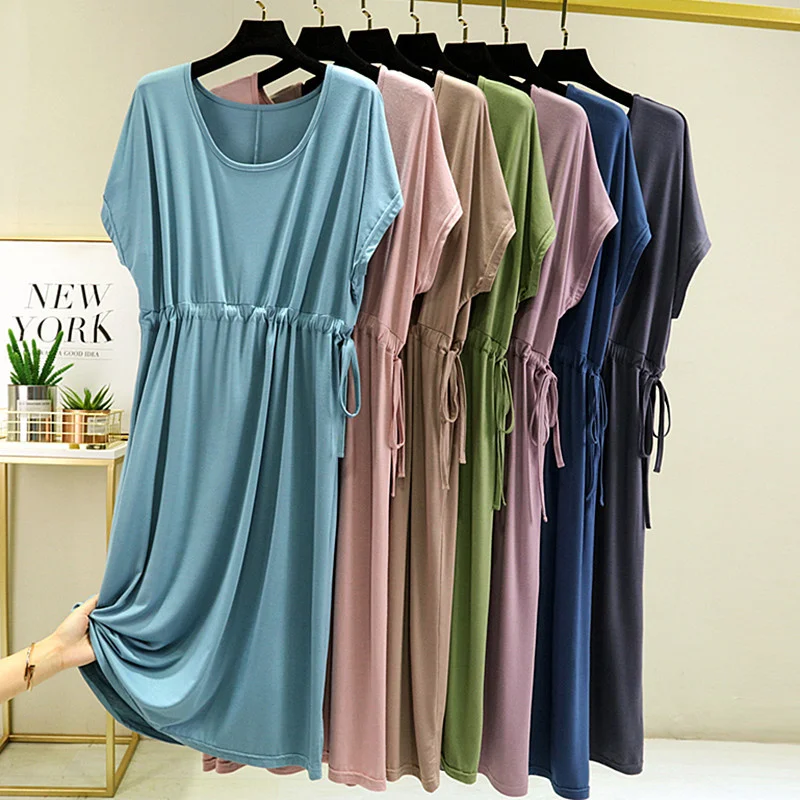 Modal Mid Length Long Dress Loose Elastic Pleated Nightdress Short Sleeved Summer Sleepwear Women Comfortable Ladies Nightgowns