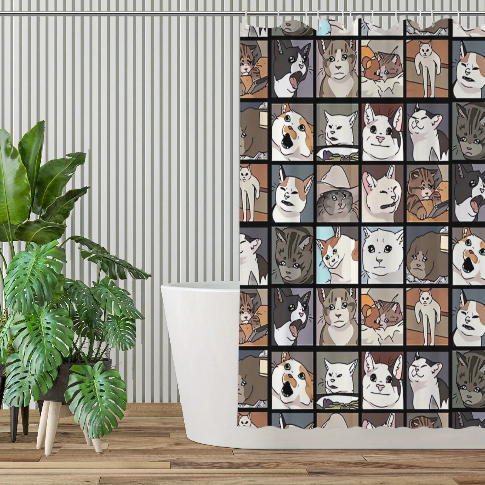 Funny Cat Meme Shower Curtain, Grid Pattern Cartoon Pet Waterproof Bath Curtain, Humorous Animal Bathroom Decor for Cat Lovers