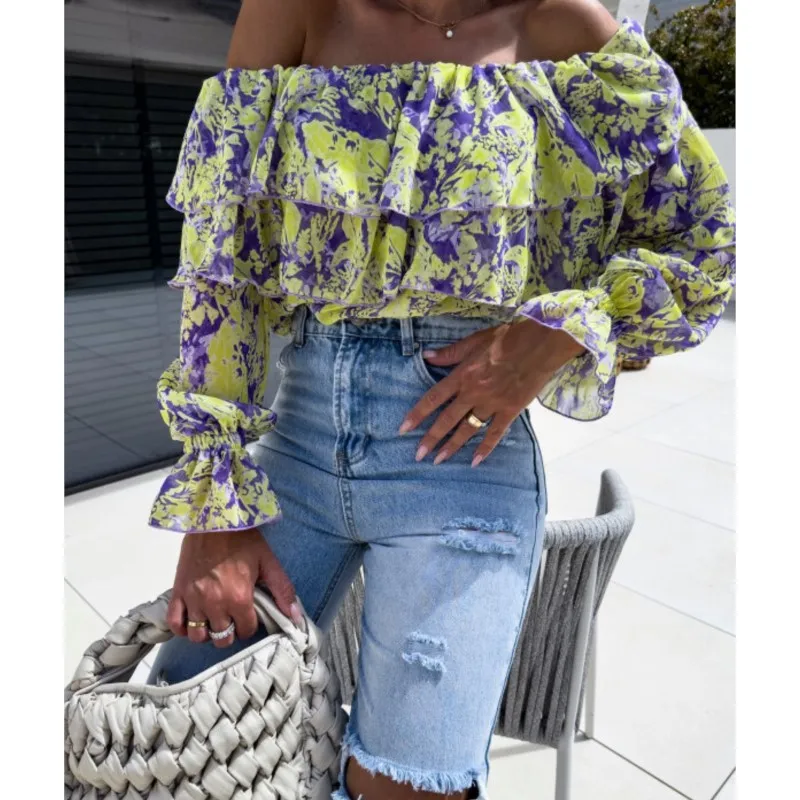 Sexy Off Shoulder Blouses & Shirts Women 2024 Summer New Cascading Ruffles Flare Sleeve Women Blouse Vacation Beach Party Tops