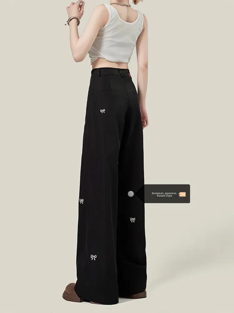 

High Waist Wide Leg Casual Pants for Women with Embroidered Knot Workwear Style Summer Design Loose Fit Trousers