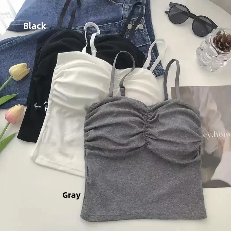 Korean Style Summer Camis Tank Casual Tops Women With Built In Bra Spaghetti Strap Tanks For Woman Solid Color Female