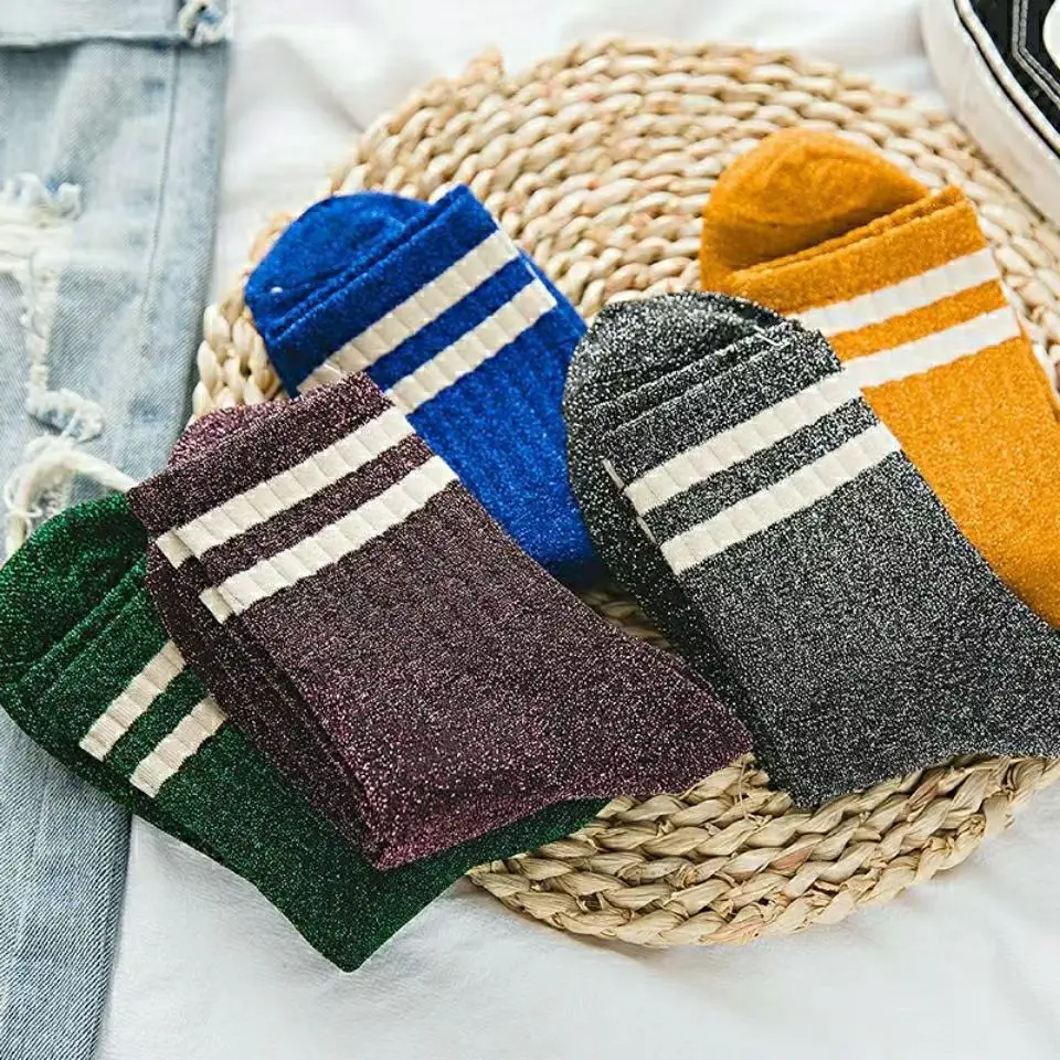 Fashion Striped Glitter Socks For Women Harajuku Shiny Socks Trendy Streetwear Filigree Cotton Loose Socks Cute Female Lingerie