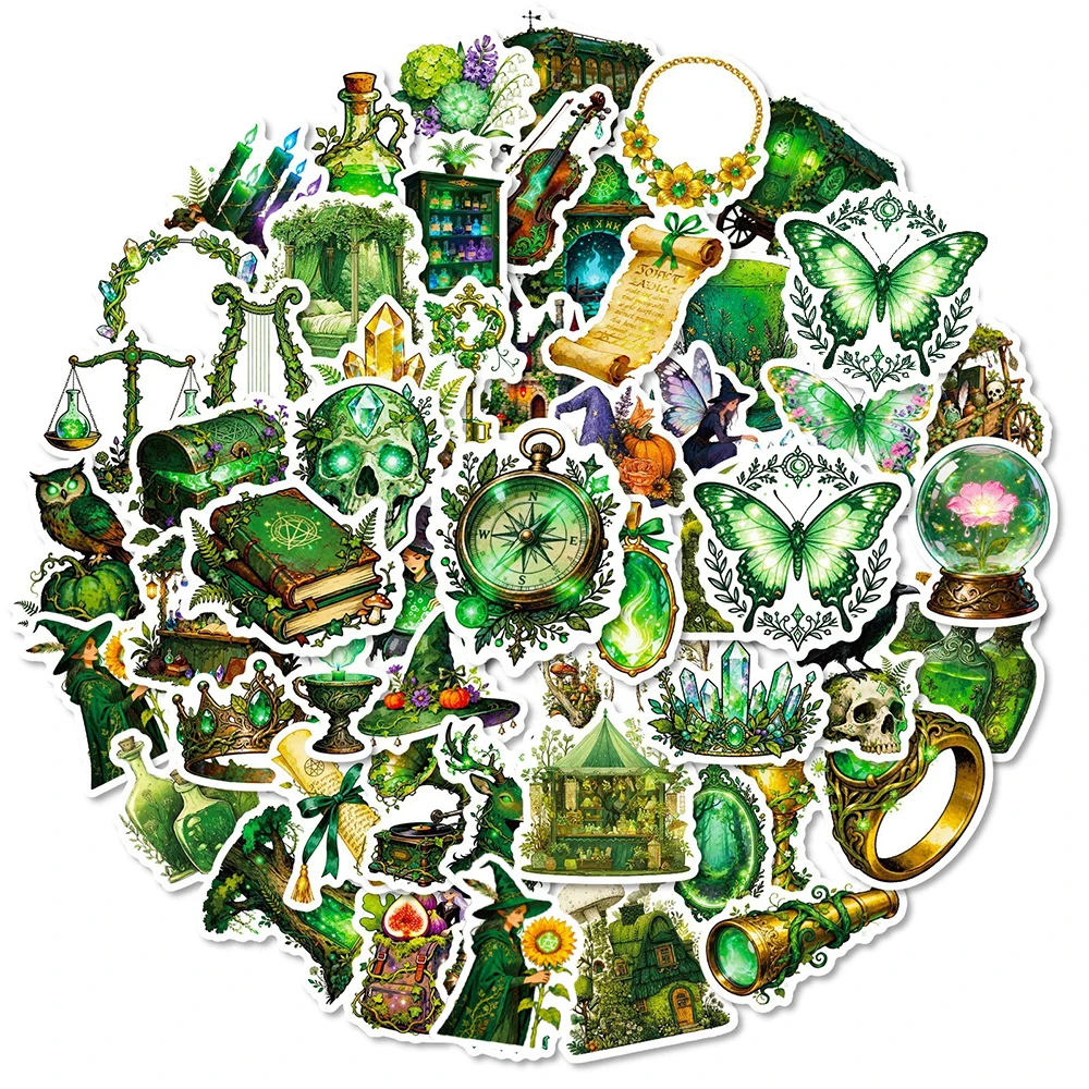 10/30/56 pegatinas mágicas de bosque verde con diseño de bruja, estilo vintage, estéticas, de dibujos animados, para monopatín, teléfono, portátil, bicicleta, estilo gótico