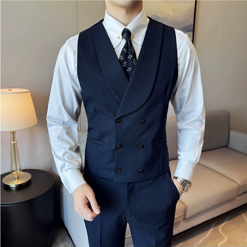 (Jackets+Pants+Vest) Luxury Stripe Men Suit High Quality Double Breasted Elegant Fashion Tuxedo Formal Groom Wedding Social Suit