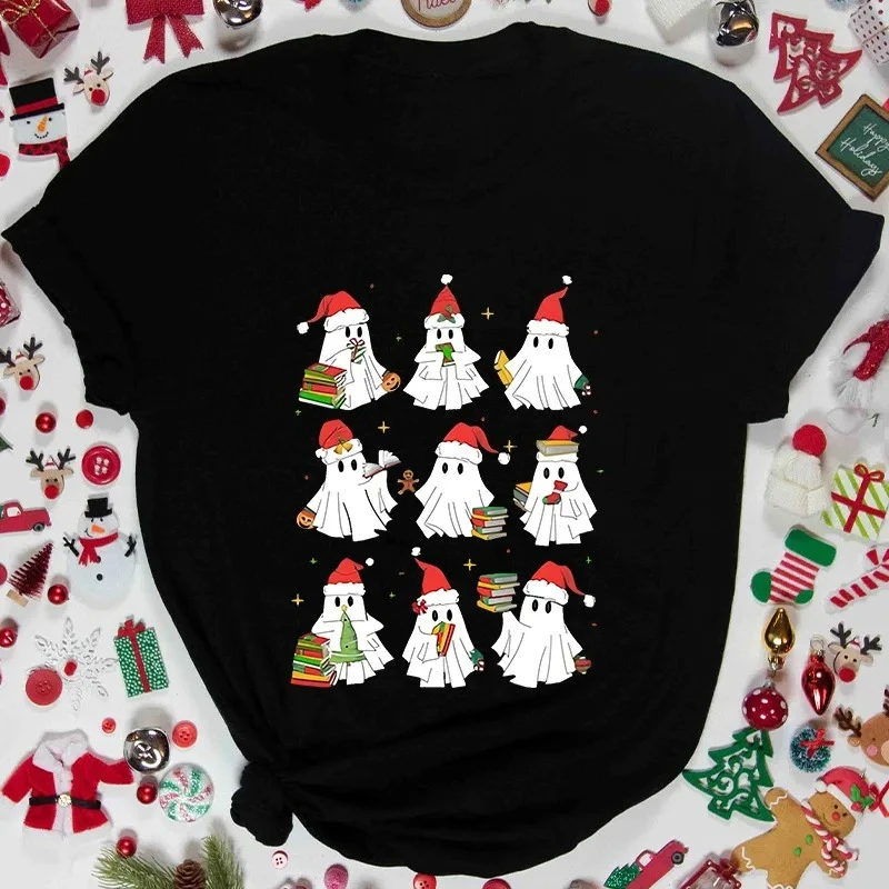 Weihnachtsgeist Kurzarm Niedlicher Geist Bedrucktes Damen Lässiges und bequemes Kurzarm-T-Shirt Party Damenbekleidung