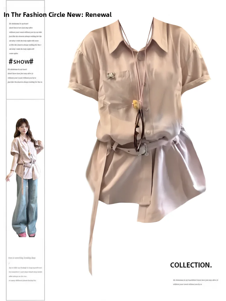 

plus Size Loose Fit Casual Women's irt ort Sve Pink Summer Mid-Length Versatile Top Korean Sle Commute Faion