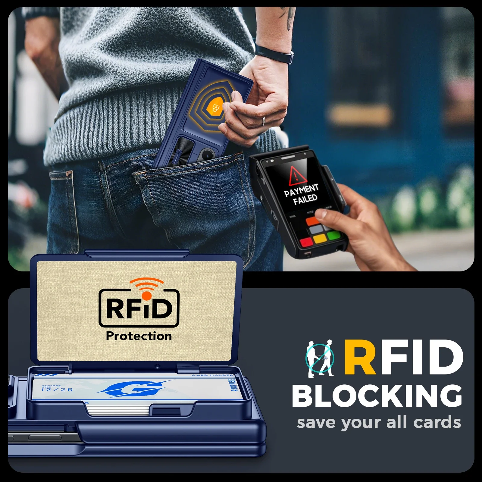 هدايا الهالوين، حامل بطاقات RFID، مع حامل، حماية مفصلية، غطاء كاميرا، جراب مقاوم للصدمات لهاتف Samsung Z Fold 7-Blue