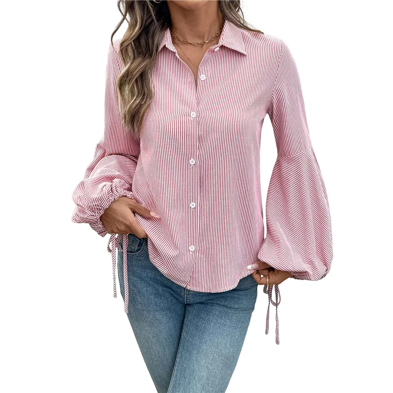 

CYL-Womens Button Down Shirts Striped Long Sleeve Blouses With Pocket Casual Collar Office Work Tops