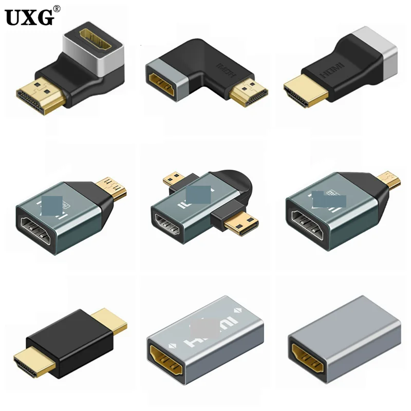 Ângulo direito macho para fêmea conversor, extensor compatível com HDMI, mini conector micro, micro 2.0v, 4k, 8k hd, 90, 270 graus, 1pc