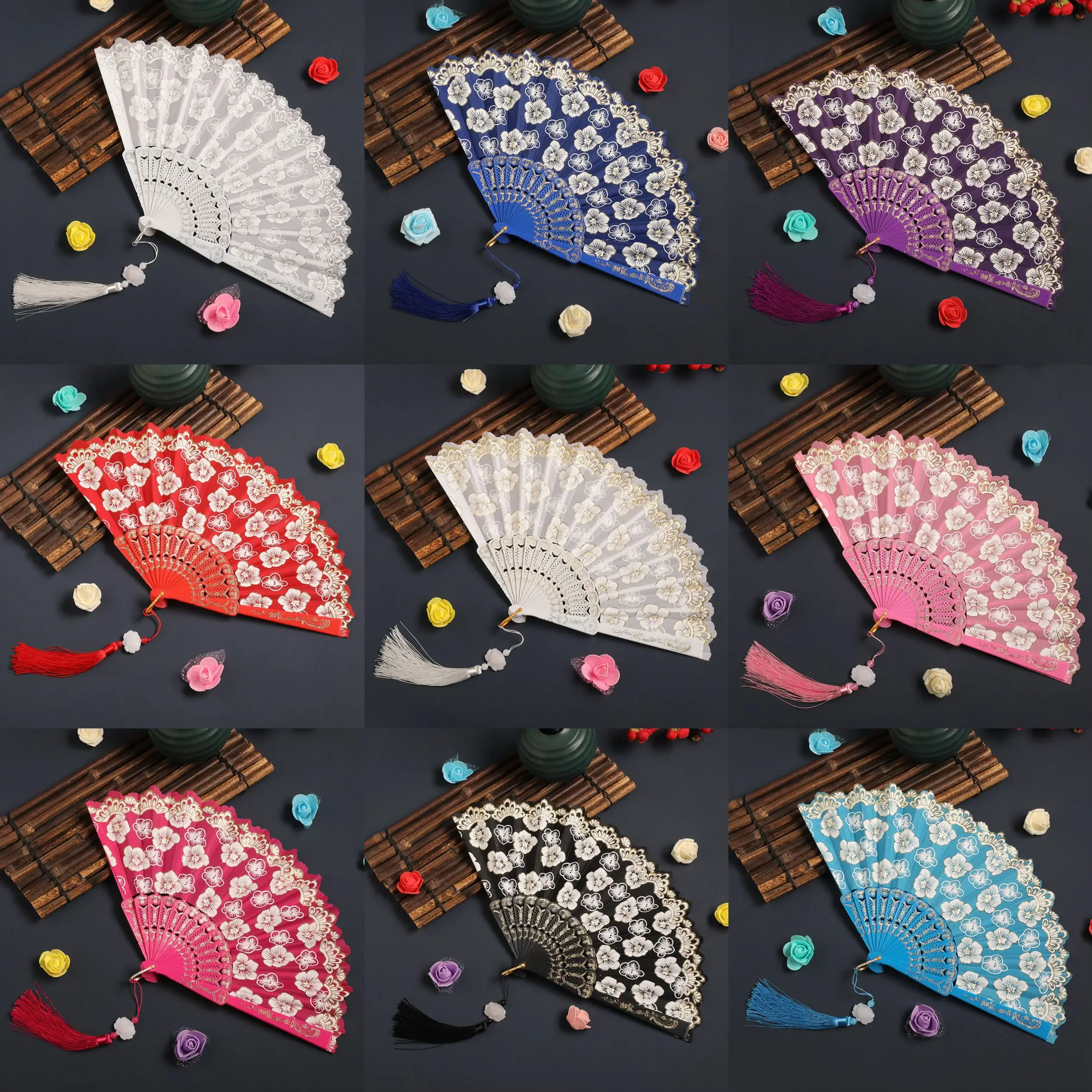  100Pcs Cherry Blossom Folding Hand Fan with Tassels Retro Silk Handheld Fans Lace Folding Fan Wedding Dancing Party Favor Gifts