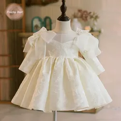 Fashion Baby Girl Princess Bow Pearl Dress Long Sleeve Infant Toddler Child Vestido Wedding Party Birthday Baby Clothes 12M-14Y