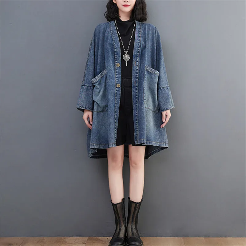 Large Women\'s 2023 New Autumn Fashion Literary V-neck Pocket Denim Coat Loose Medium Length Windbreaker