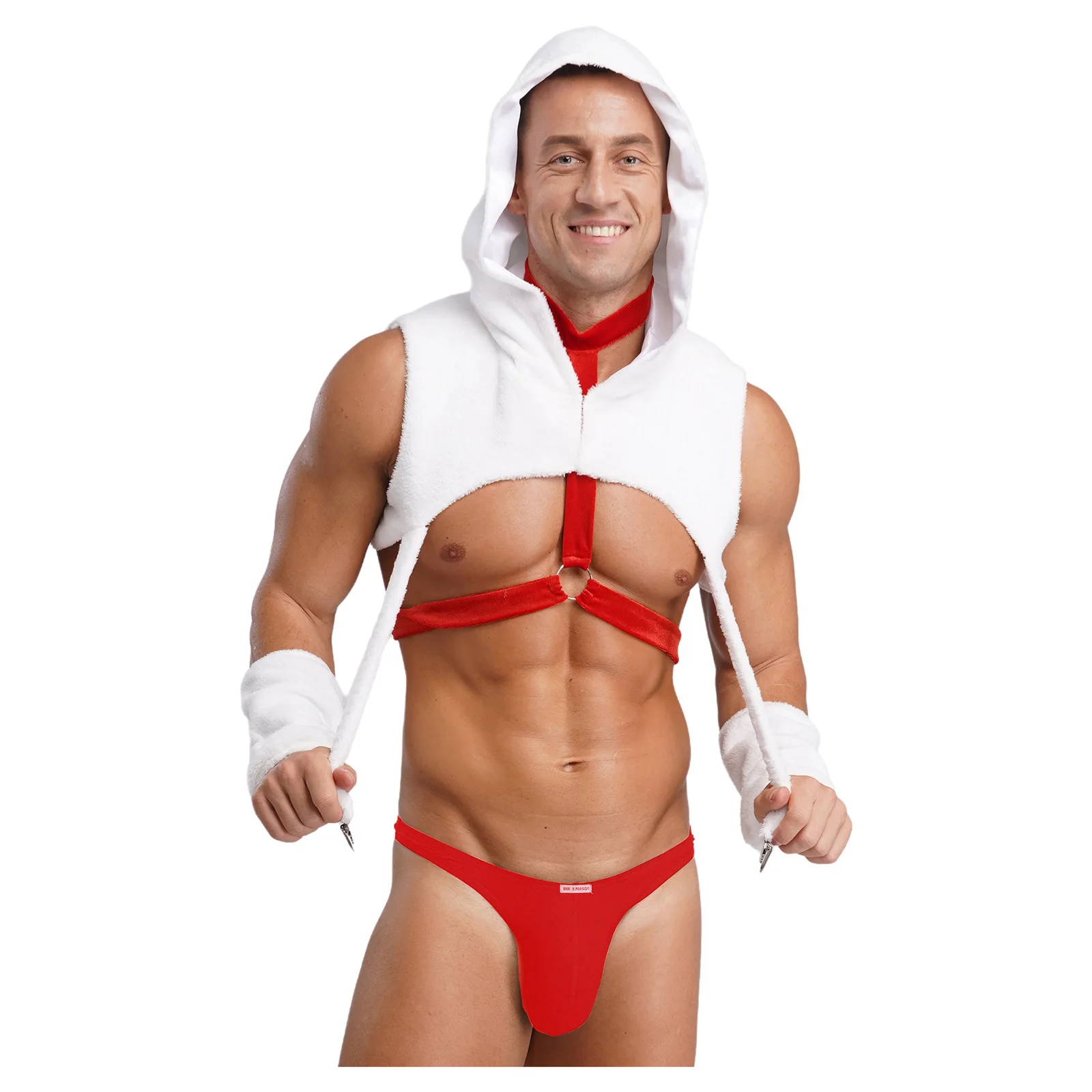男性クリスマスサンタクロース面白いランジェリーコスチュームフード付きクロップトップスサスペンダークリップ付きボディチェストハーネススリーブ男性ナイトウェア