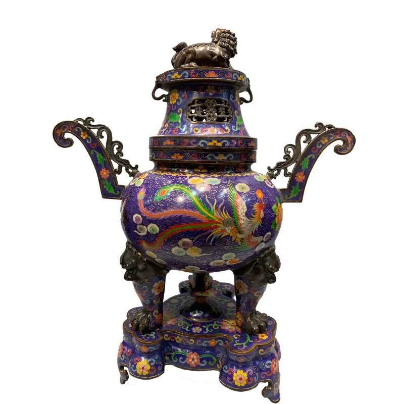 53Cm high retro pure copper tire three-legged incense burner, home handicraft ornament