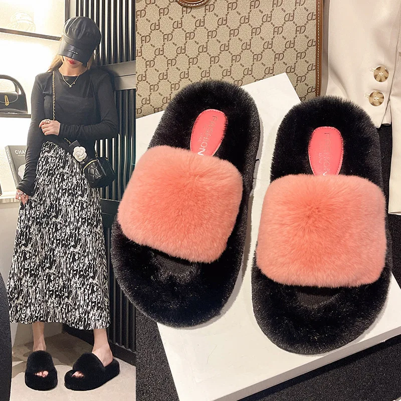 Fur Slippers Women Platform EVA Soles Memory Foam Winter Cozy Open Toe Breathable Living Room Shoes Luxury