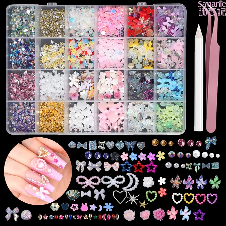 24 Grids Mixed Nail Charms Kit Multi Style 3D Nail Ornaments Rhinestones Pearls Flowers Hearts Bow With Tweezers Wax Pencil for Nail Art DIY Salon Manicure