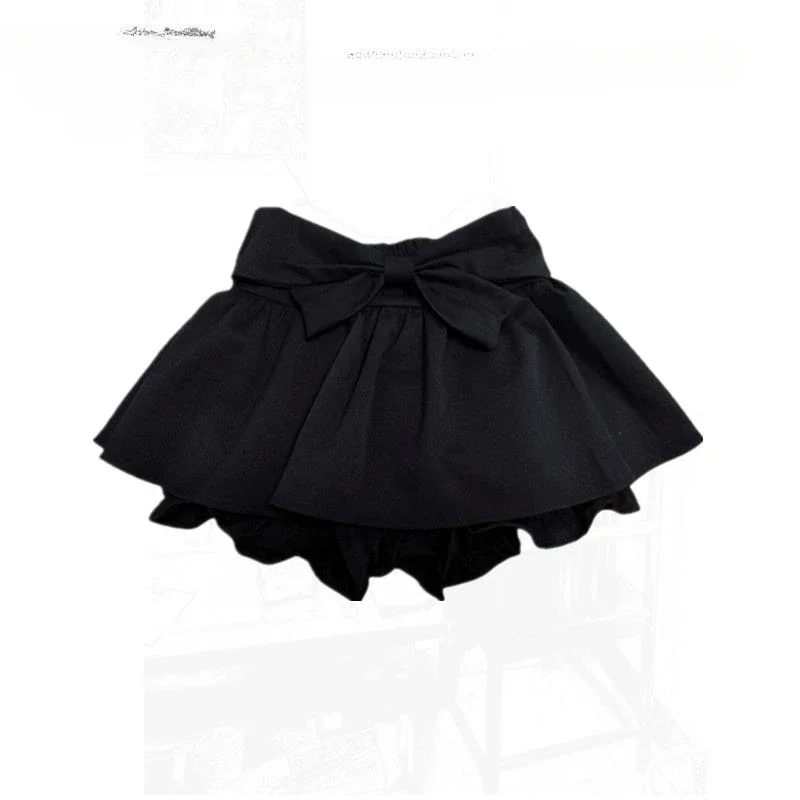 High Waist Bow Puffy Short Skirt Women A-line Solid Color Pleated Long Leg Effect Sweet Cute Korean Y2K Slim Mini Cake Skirt