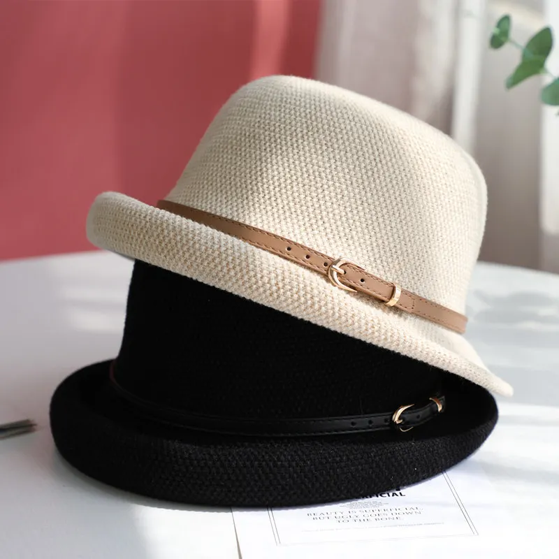 Summer Breathable Woven Brimmed Hat for Women, Vintage Dome-Shaped Sun Hat with Belt Buckle Decoration, Slimming Effect, Suitable for Shopping, Commuting, Girls' Gatherings, Vacation Photos, and Styling