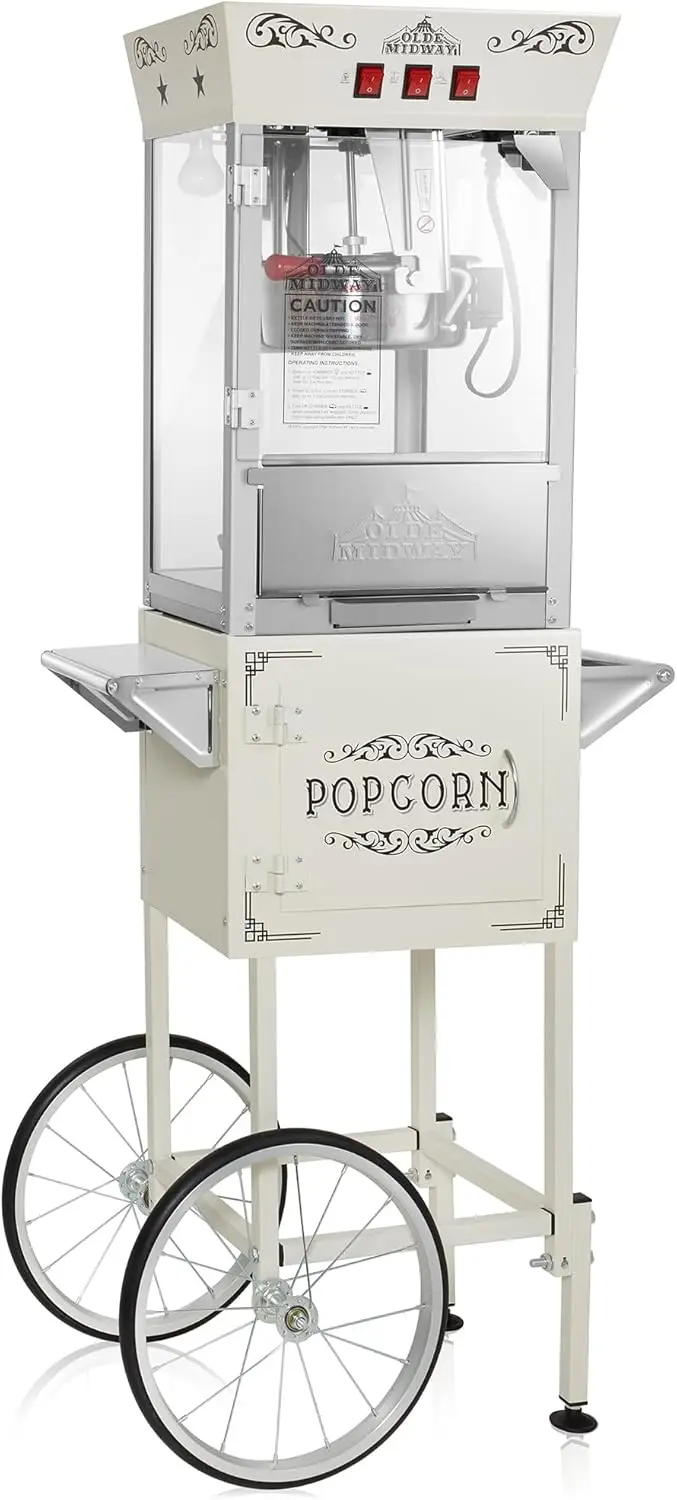 Movie Theater-Style Popcorn Machine Maker with Cart and 10-Ounce Kettle - Cream, Vintage-Style Popper on Wheels