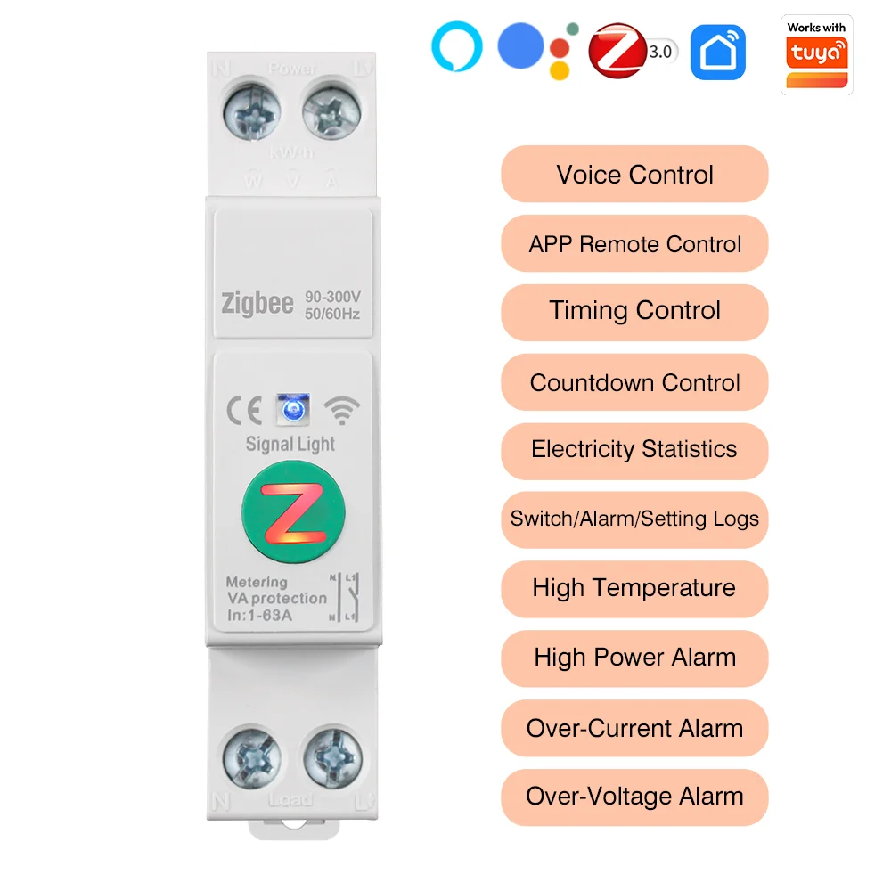

Умный автоматический выключатель Zigbee 1-63А с учетом электроэнергии и мониторингом, совместимый с Tuya, дистанционное управление, защита от перенапряжения и перегрузки по току