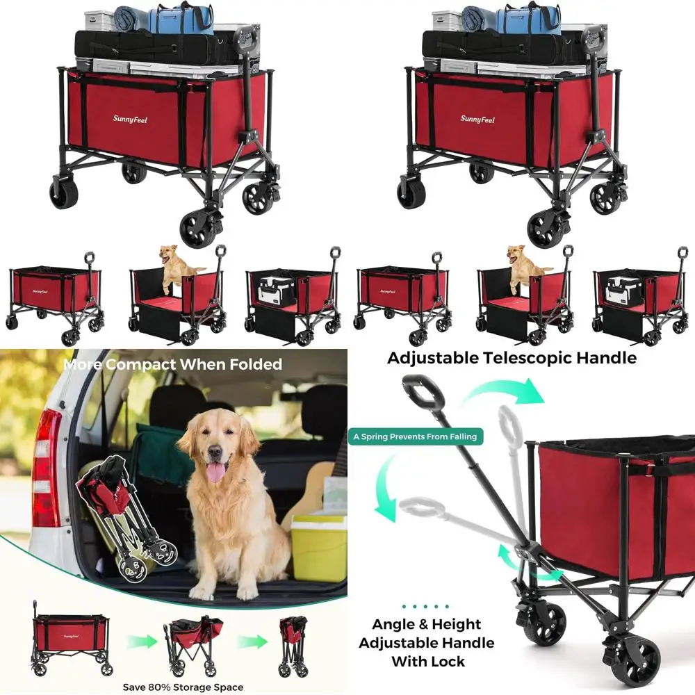 รถเข็นพับได้ รับน้ำหนักได้ 220 ปอนด์ ดีไซน์ไร้ขอบ สำหรับขนของชำ ทำสวน และตั้งแคมป์ สีแดง