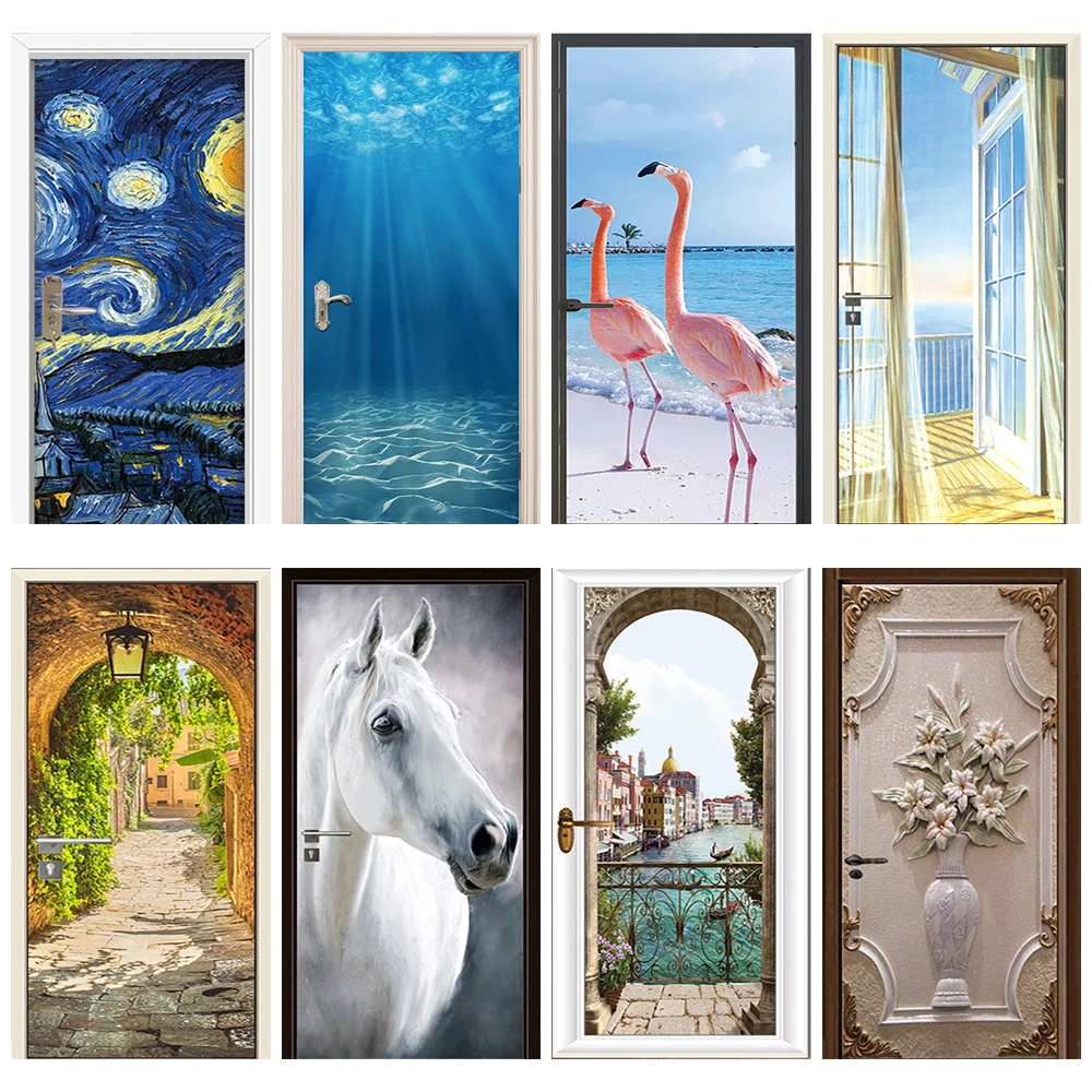 Funny Animal Flamingo Horse Door Art Sticker Decoration Wallpaper Peel and Stick Stone Arch Door Design Mural Decals Cut 2pcs