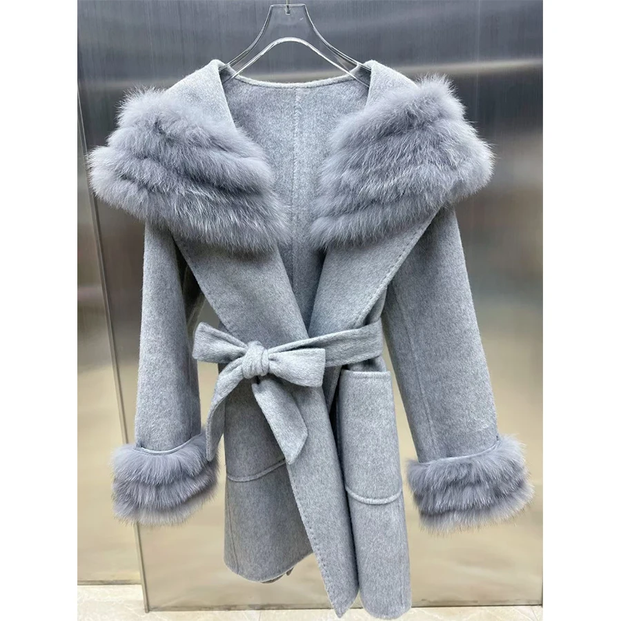 

Short Wool Jacket Women Luxury Real Natural Silver Fox Fur Collar Womens Clothing Warm Best Selling Cashmere Coat