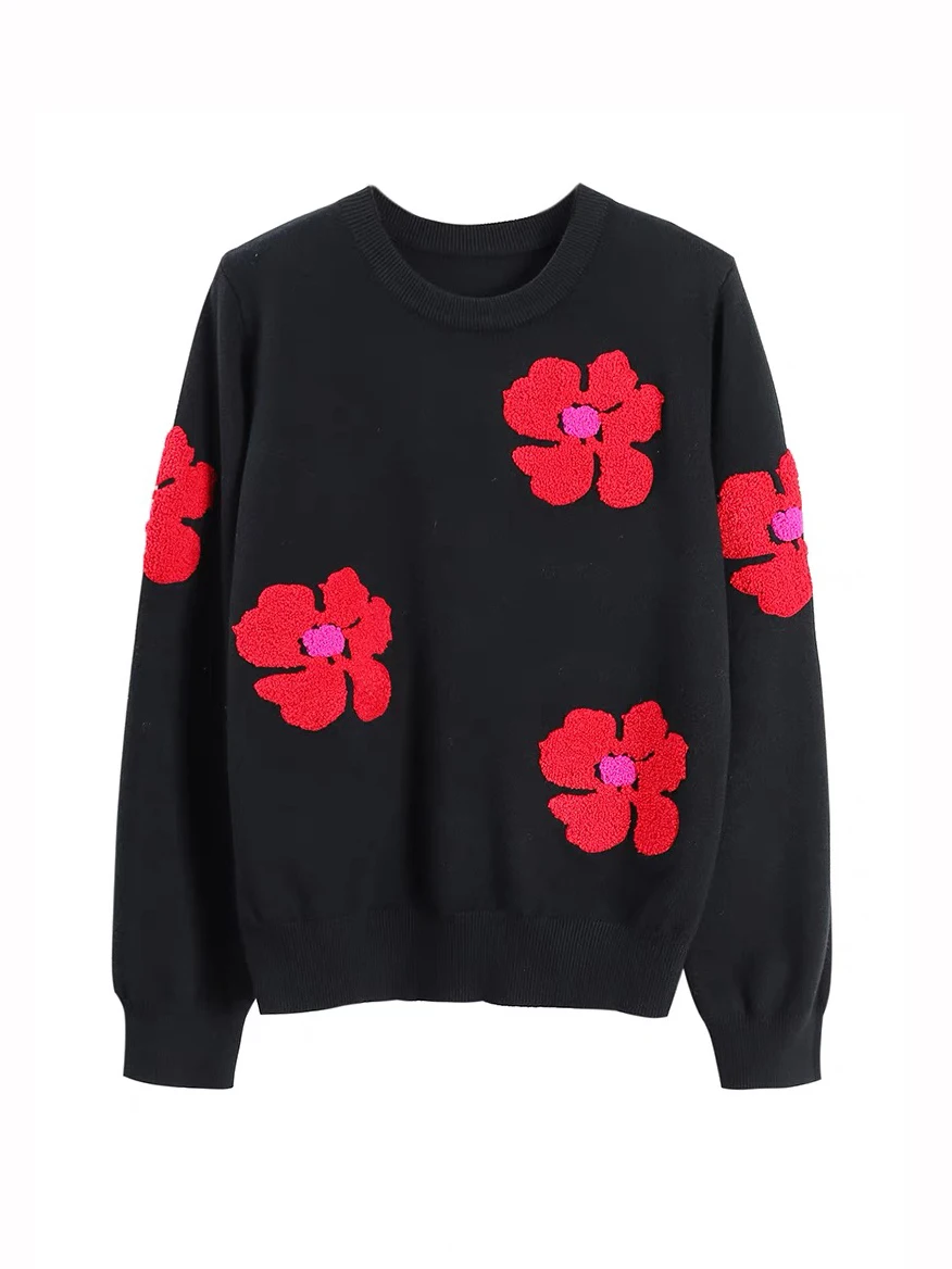 High Quality Women\'s Knitted Sweater Round Red Jacquard Knit Pullover Korean Fashion Long Sleeve Casual Jumper C-317